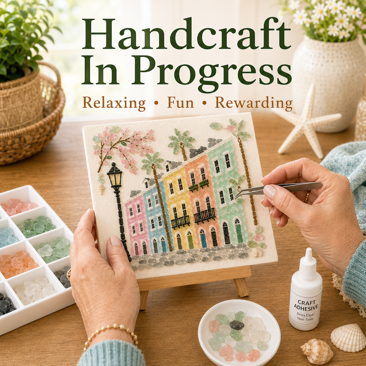Hands placing sea glass pieces onto Charleston Rainbow Row artwork