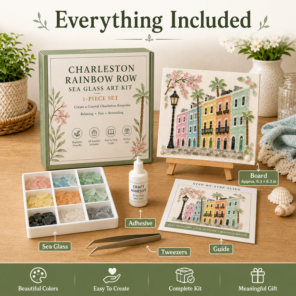 Complete Charleston sea glass art kit with board sea glass adhesive tweezers and guide