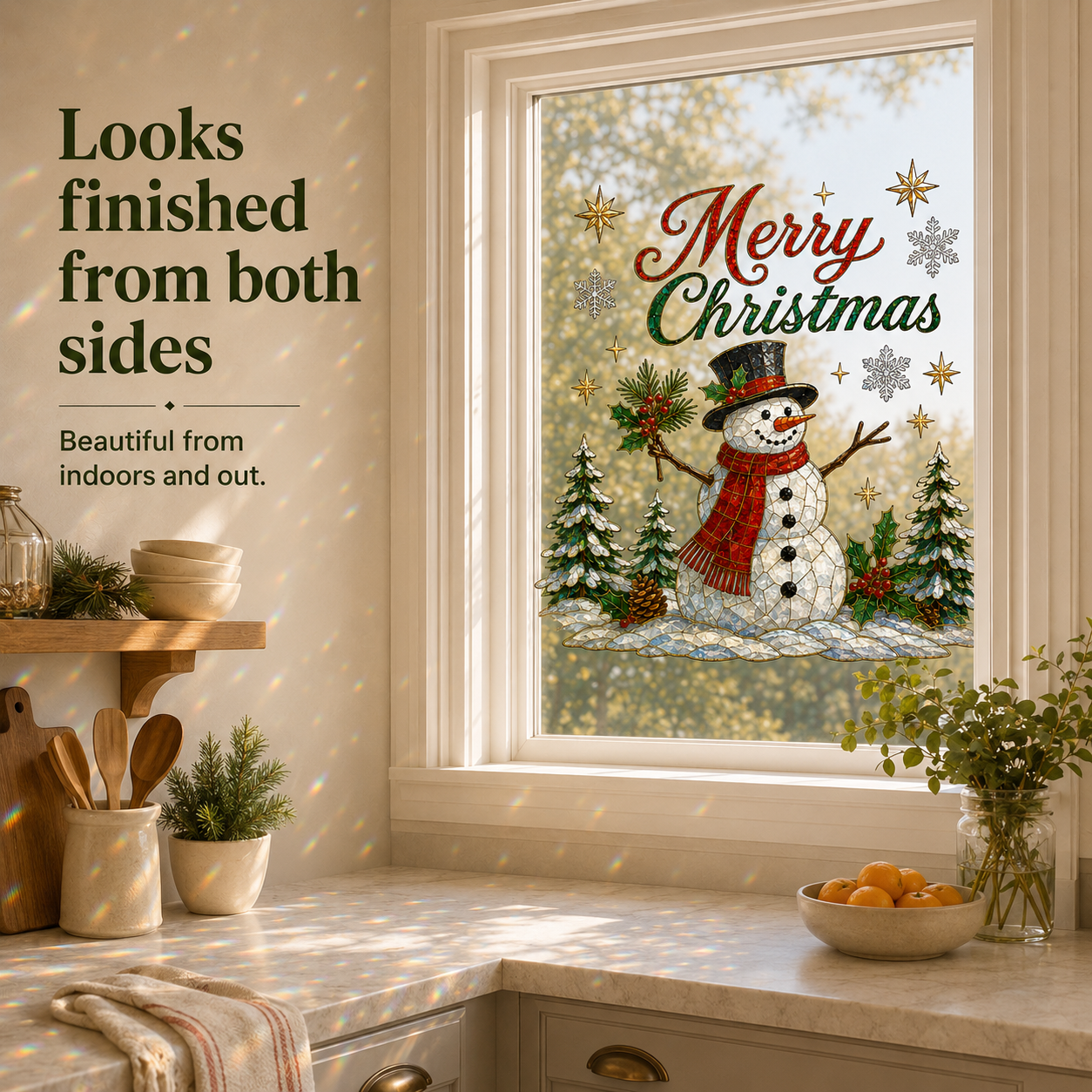 Sunlight passing through colorful Christmas window artwork