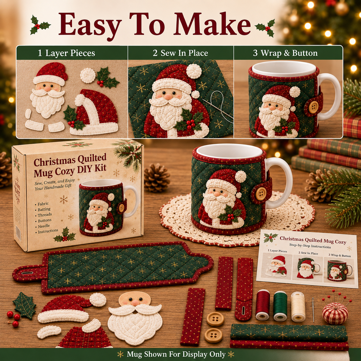 Three step Christmas mug cozy sewing process