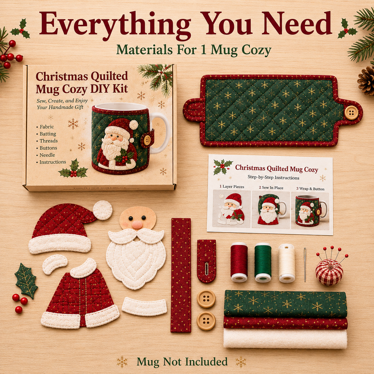 Complete materials included in Christmas mug cozy sewing kit