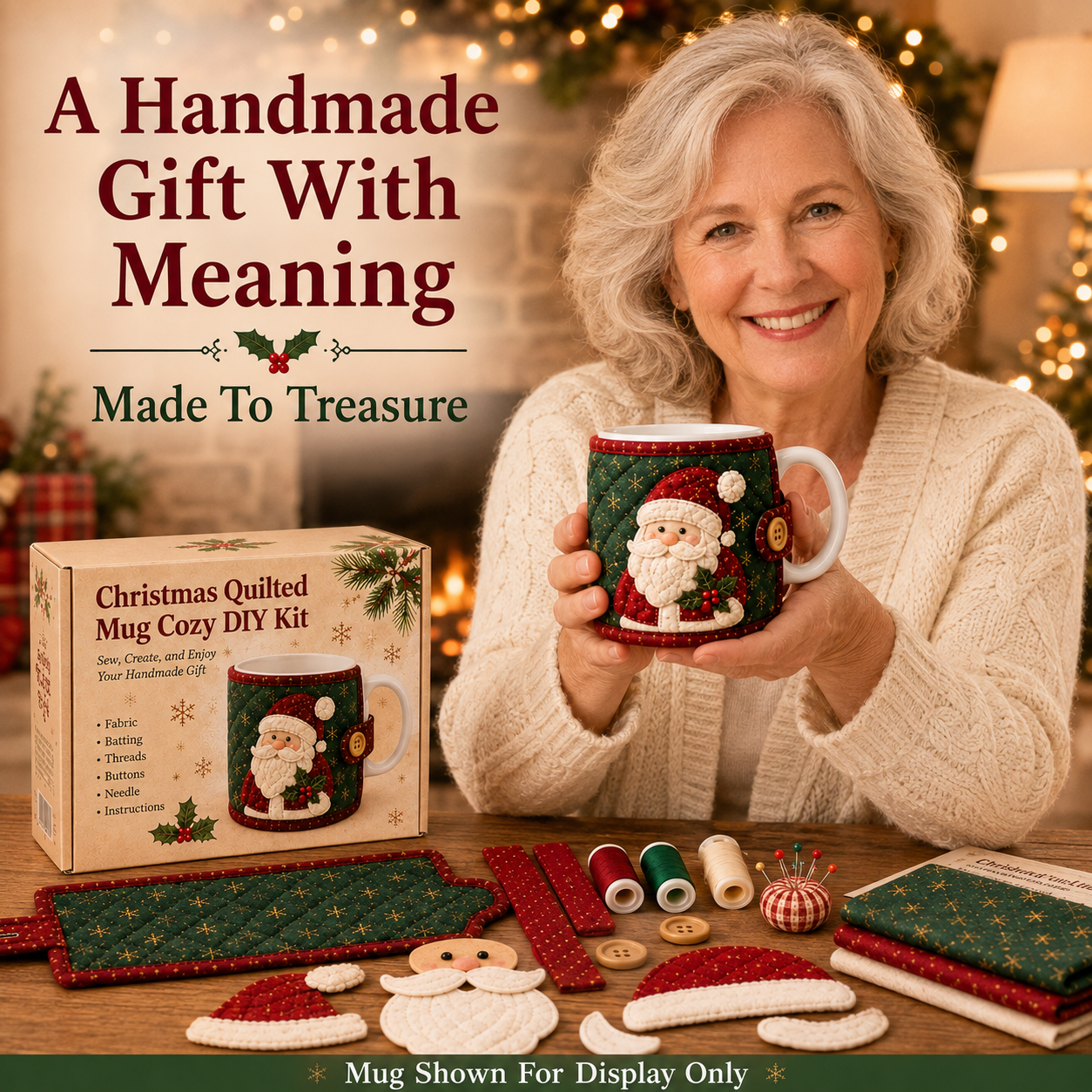 Handmade Christmas mug cozy sewing kit gift scene