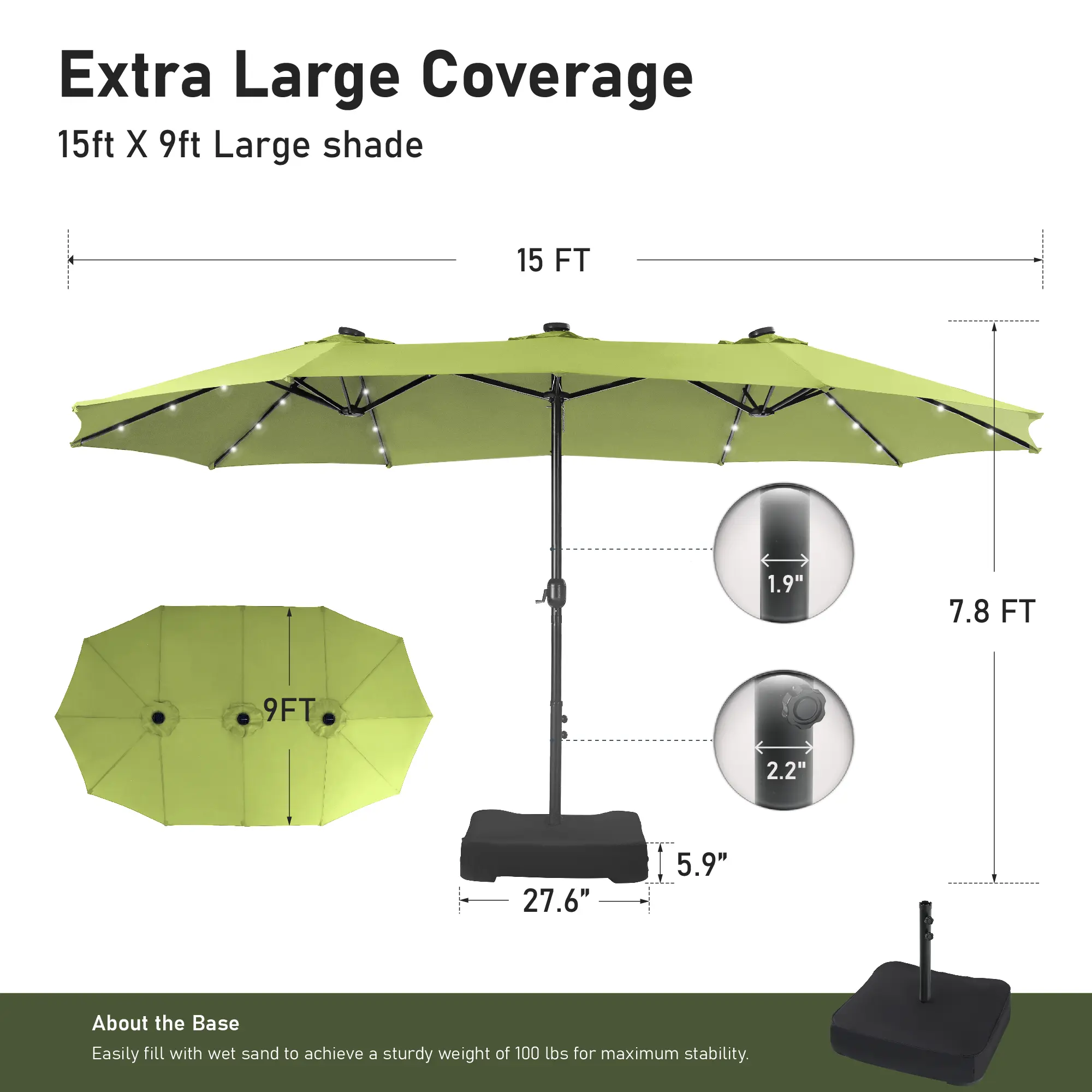 Phivilla Home – Sombrilla grande para patio exterior de 15 pies con base – Opción de luz LED, doble cara, manivela, impermeable