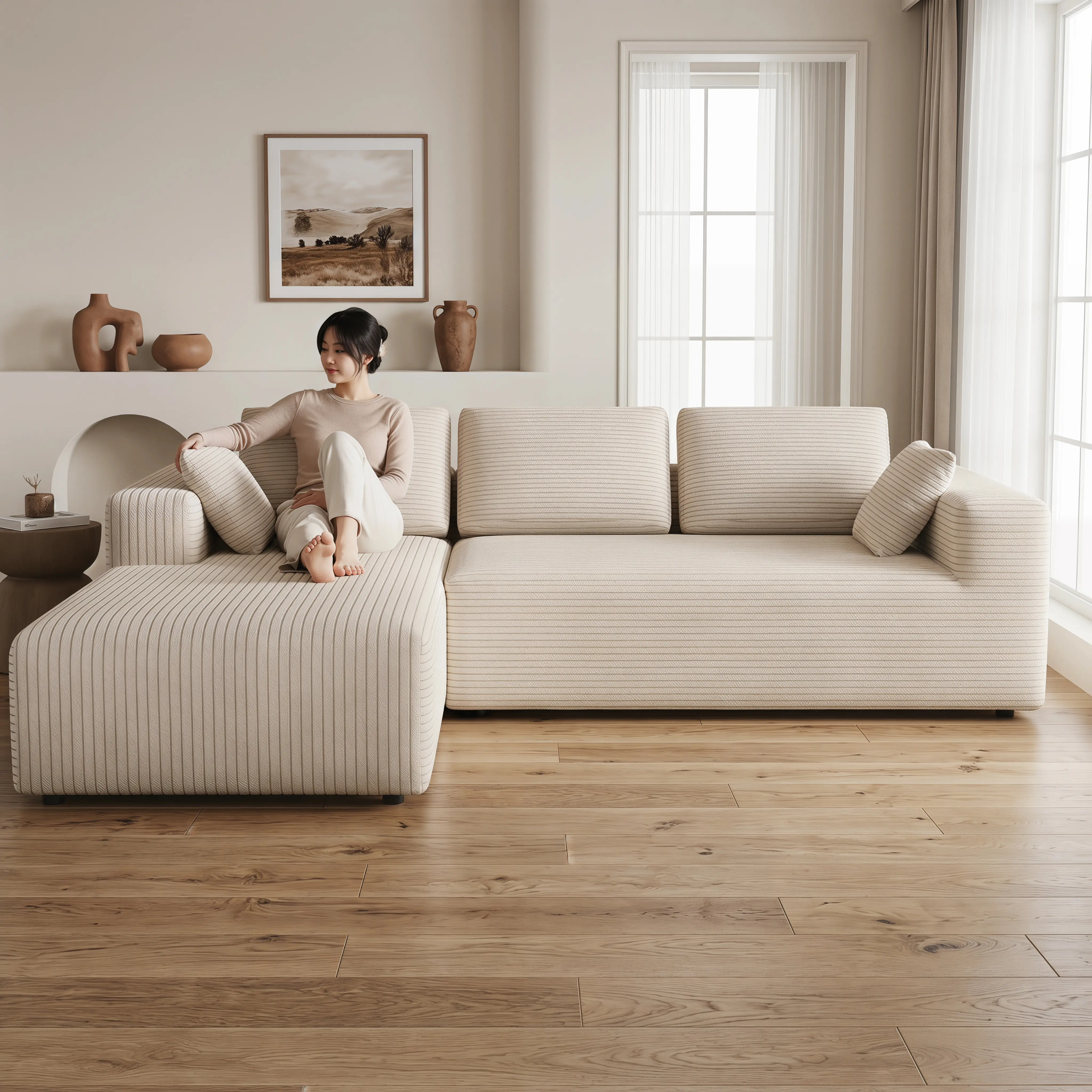 Sofá modular moderno de pana en forma de L, estilo "nube", sofá para sala de estar, seccional económico y cómodo.