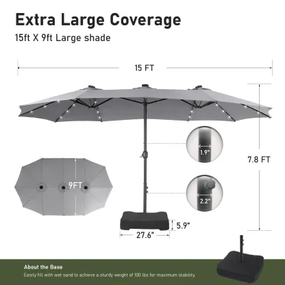 Phivilla Home – Sombrilla grande para patio exterior de 15 pies con base – Opción de luz LED, doble cara, manivela, impermeable
