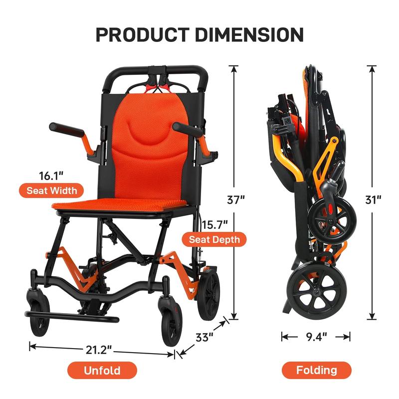 【GARVEE】Silla de ruedas plegable y ligera para personas mayores, con estructura de aluminio aeronáutico, reposabrazos abatibles, frenos seguros y asiento espacioso; ideal para traslados seguros tanto en interiores como en exteriores. Color: Gris y Naranja