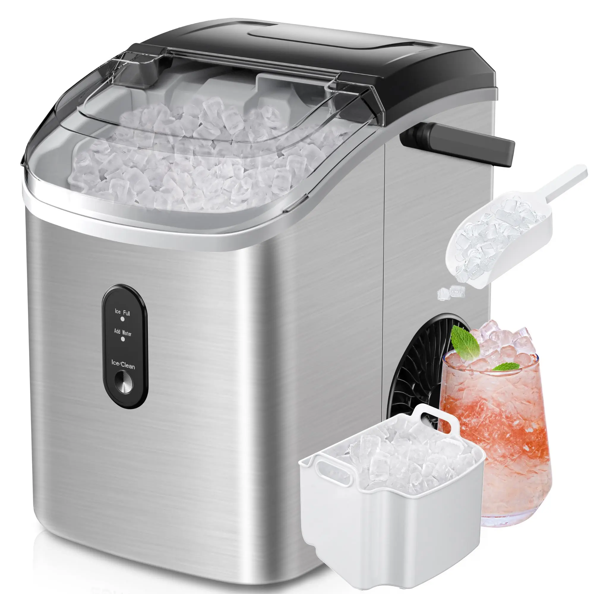 Máquina de hielo en pepitas (nugget) de sobremesa EUHOMY; produce hielo suave (capacidad de 35 lb o 33 lb/24 h); función de autolimpieza; incluye pala y cesta para hielo; ideal para el hogar, la cocina o la oficina.