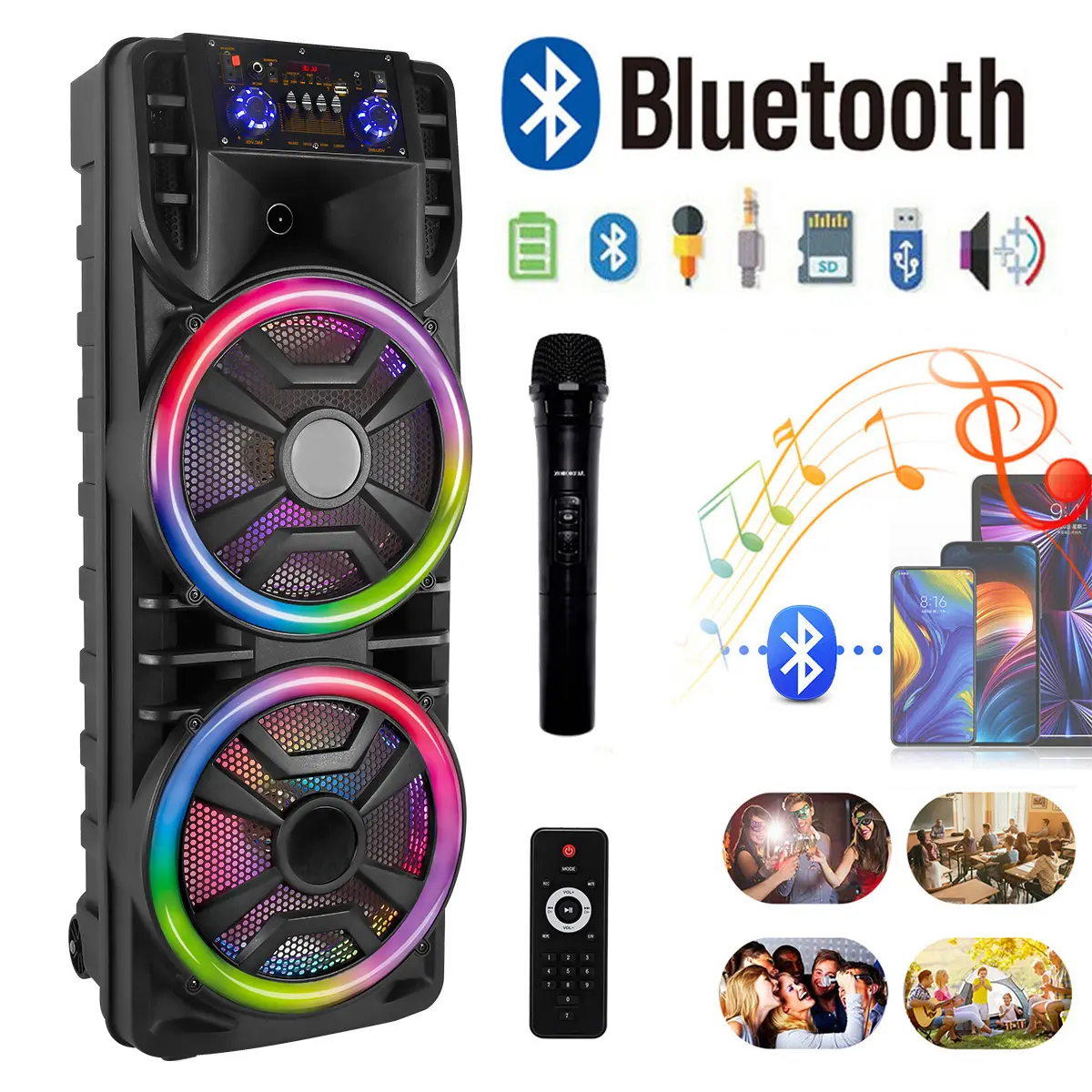 Sistema de altavoces portátil para fiestas (Party Box) con doble woofer de 12 pulgadas, función de karaoke, Bluetooth inalámbrico, micrófono, iluminación LED, radio FM recargable, control remoto y compatibilidad de audio para smartphones.