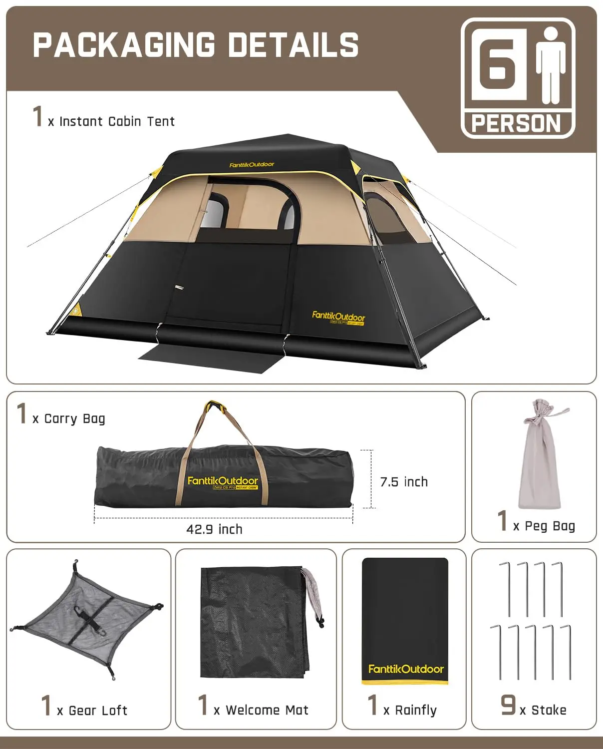 Fanttik Outdoor Zeta C4/C6 Pro — Tienda de campaña tipo cabaña de montaje instantáneo para 4 o 6 personas: portátil, impermeable, con toldo desmontable, resistente al viento y fabricada con materiales de alta calidad. Equipo de camping con interior espaci