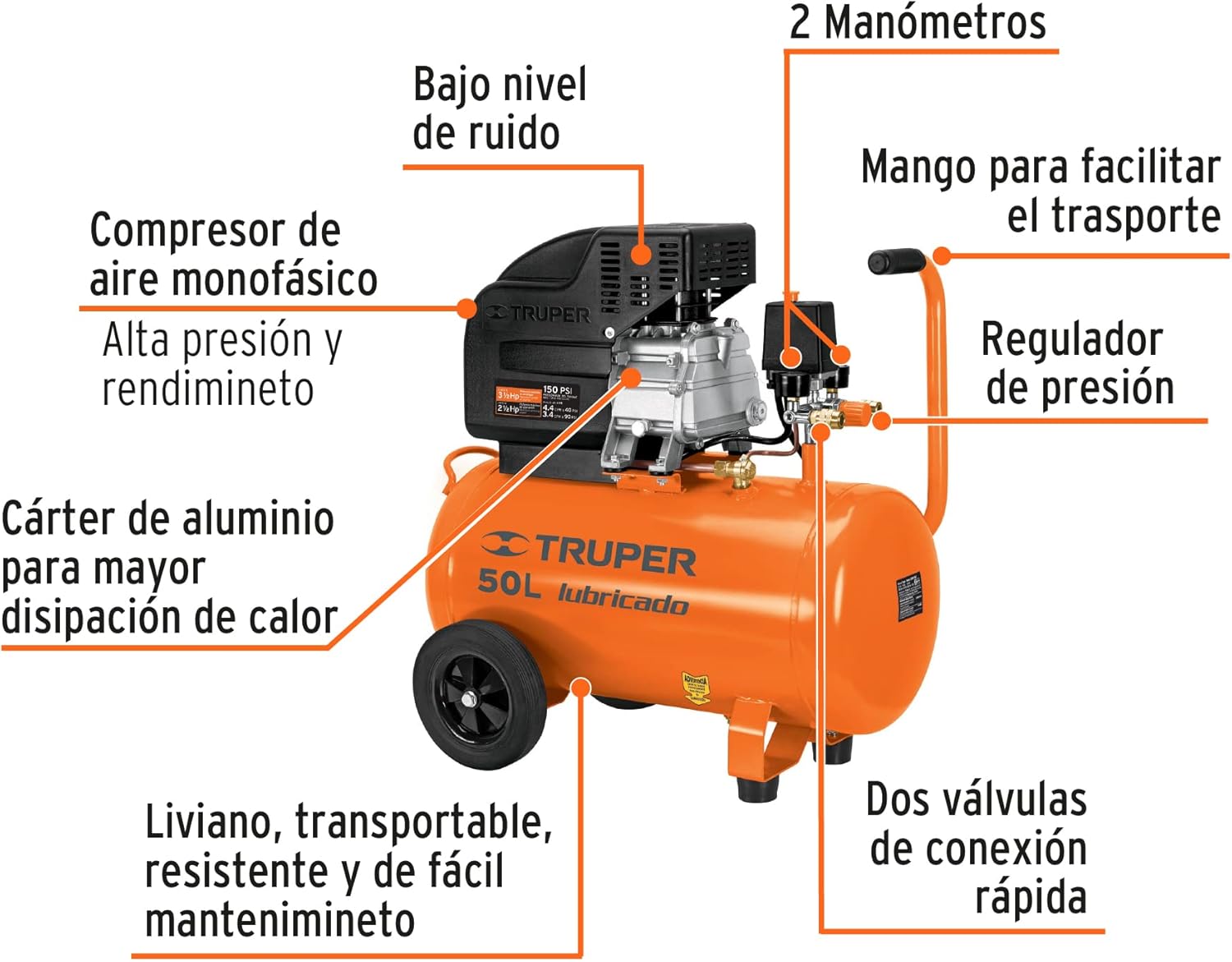 Truper COMP-KIT50, Kit compresor 50 L, 3-1/2 HP, manguera de PVC y pistola.