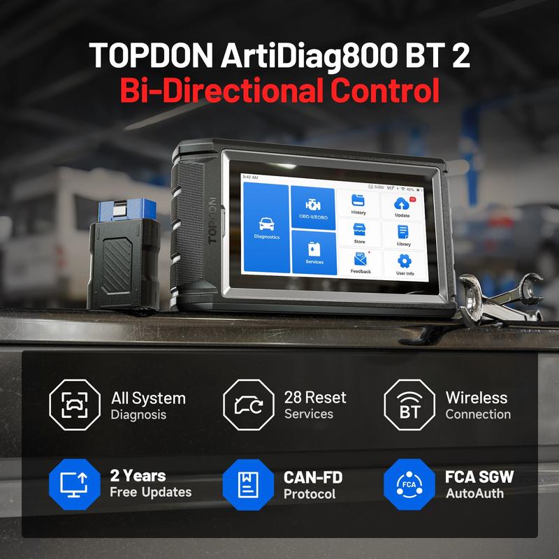 Escáner OBD2 TOPDON AD800BT 2: herramienta de diagnóstico automotriz bidireccional para sistemas completos con más de 28 funciones de servicio, codificación de inyectores, compatibilidad con todos los vehículos, FCA AutoAuth y protocolo CAN-FD.