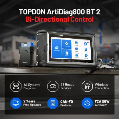 Escáner OBD2 TOPDON AD800BT 2: herramienta de diagnóstico automotriz bidireccional para sistemas completos con más de 28 funciones de servicio, codificación de inyectores, compatibilidad con todos los vehículos, FCA AutoAuth y protocolo CAN-FD.