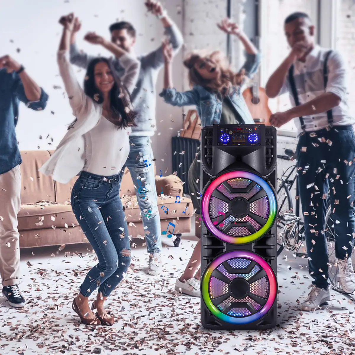 Sistema de altavoces portátil para fiestas (Party Box) con doble woofer de 12 pulgadas, función de karaoke, Bluetooth inalámbrico, micrófono, iluminación LED, radio FM recargable, control remoto y compatibilidad de audio para smartphones.