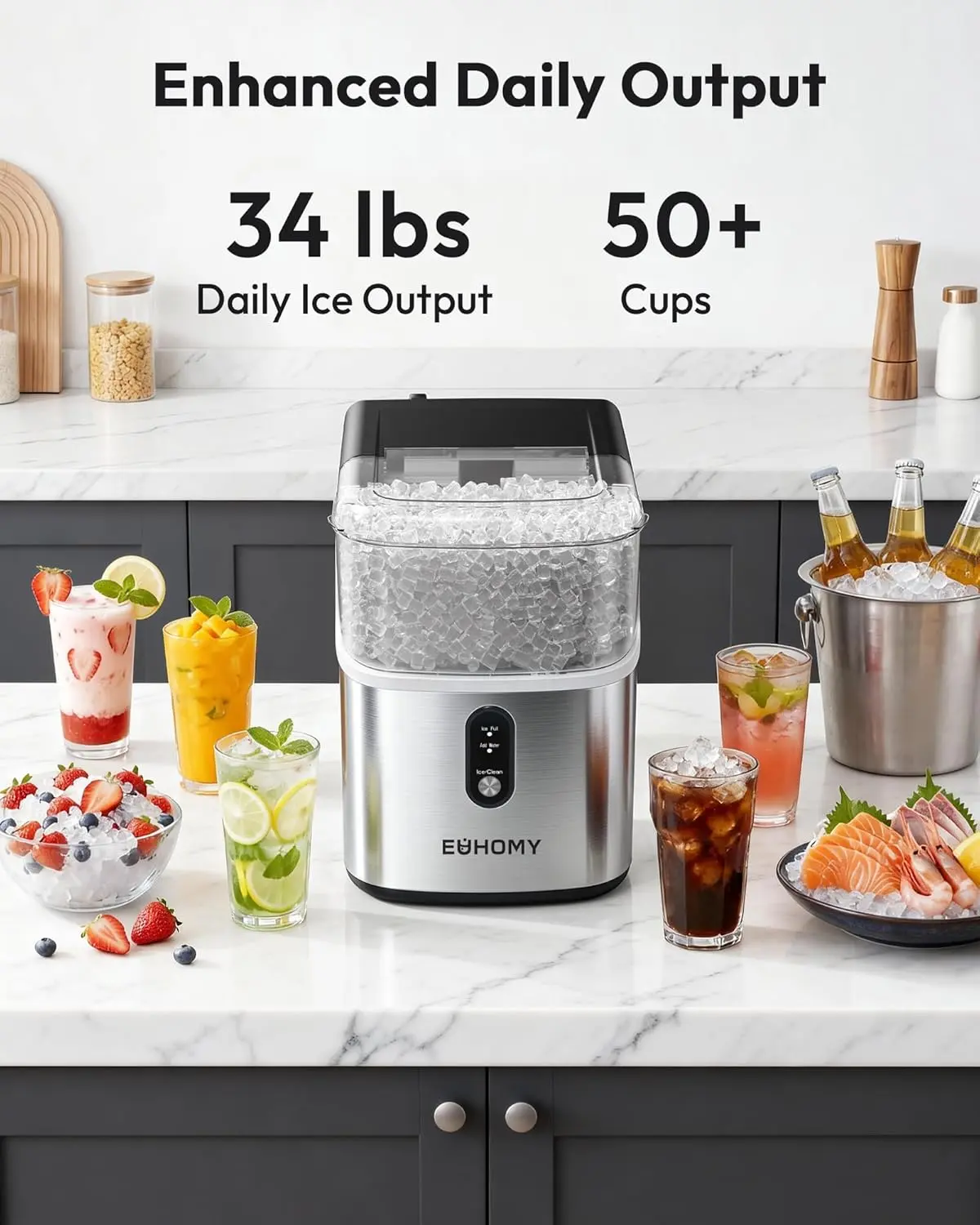 Máquina de hielo en pepitas (nugget) de sobremesa EUHOMY; produce hielo suave (capacidad de 35 lb o 33 lb/24 h); función de autolimpieza; incluye pala y cesta para hielo; ideal para el hogar, la cocina o la oficina.