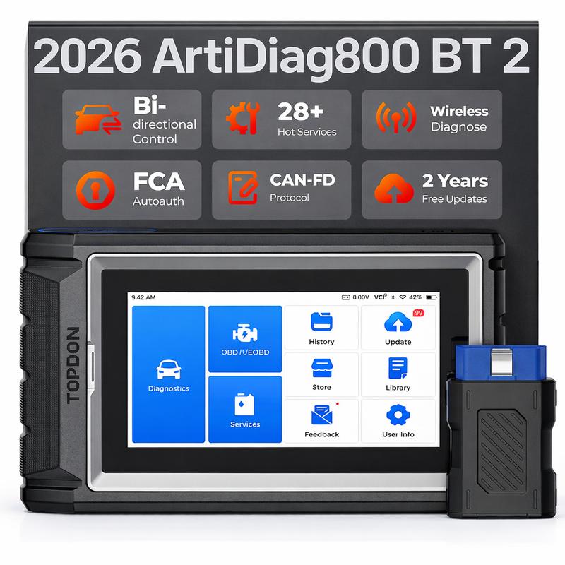Escáner OBD2 TOPDON AD800BT 2: herramienta de diagnóstico automotriz bidireccional para sistemas completos con más de 28 funciones de servicio, codificación de inyectores, compatibilidad con todos los vehículos, FCA AutoAuth y protocolo CAN-FD.