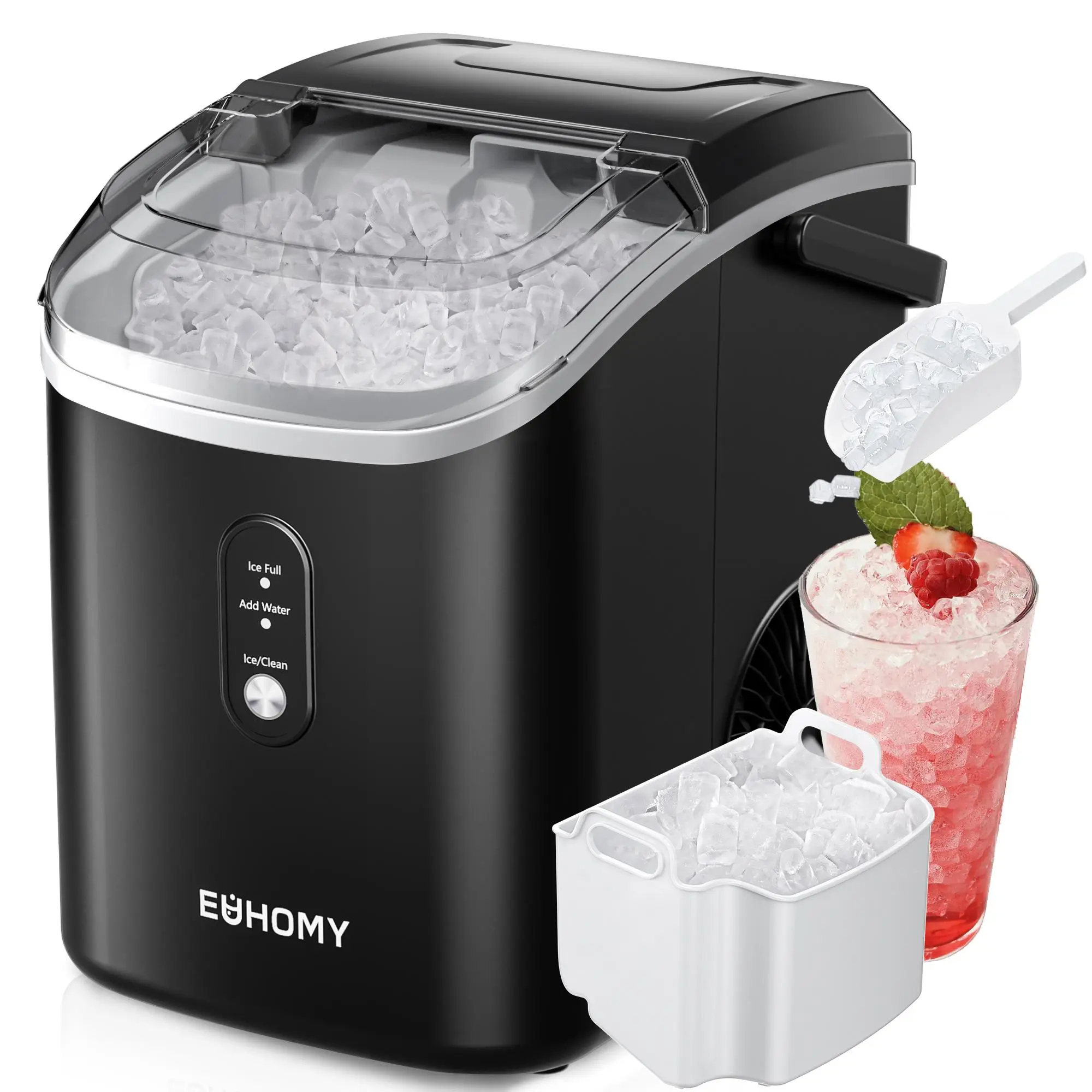 Máquina de hielo en pepitas (nugget) de sobremesa EUHOMY; produce hielo suave (capacidad de 35 lb o 33 lb/24 h); función de autolimpieza; incluye pala y cesta para hielo; ideal para el hogar, la cocina o la oficina.
