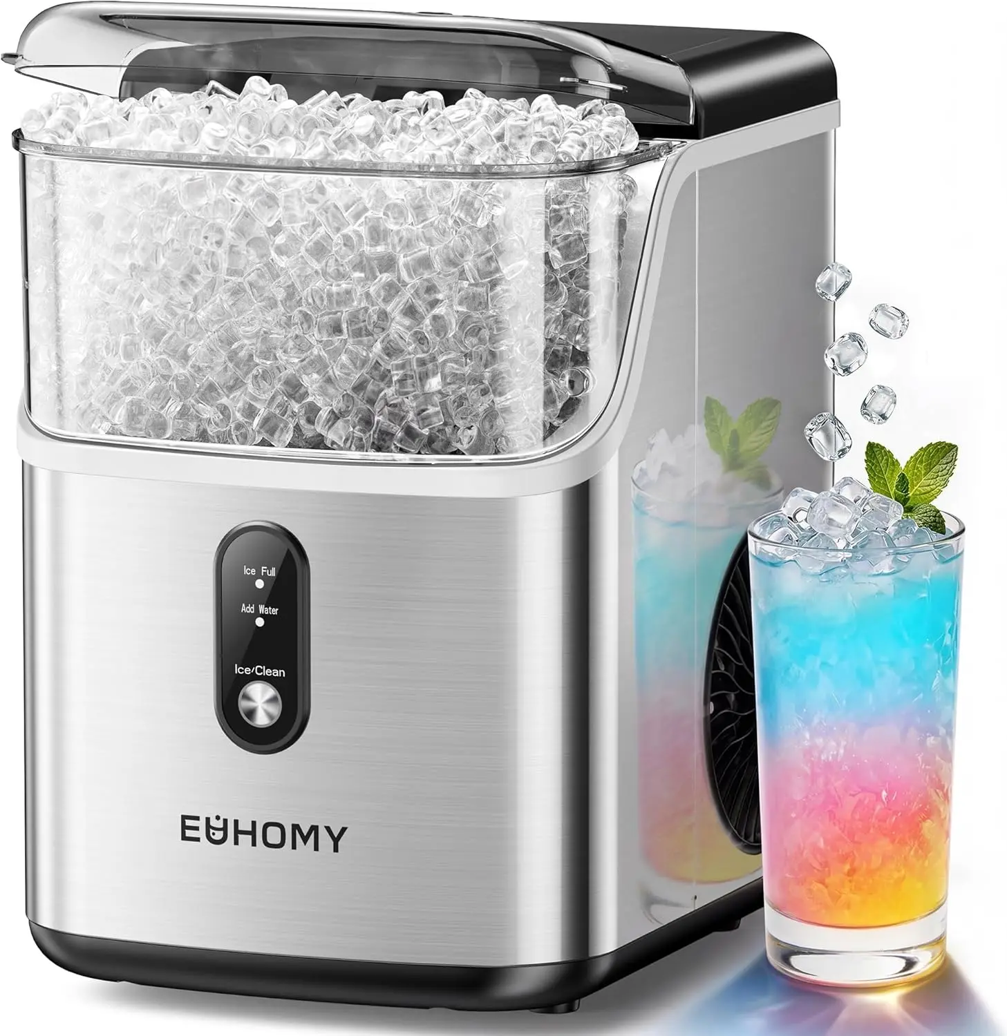 Máquina de hielo en pepitas (nugget) de sobremesa EUHOMY; produce hielo suave (capacidad de 35 lb o 33 lb/24 h); función de autolimpieza; incluye pala y cesta para hielo; ideal para el hogar, la cocina o la oficina.