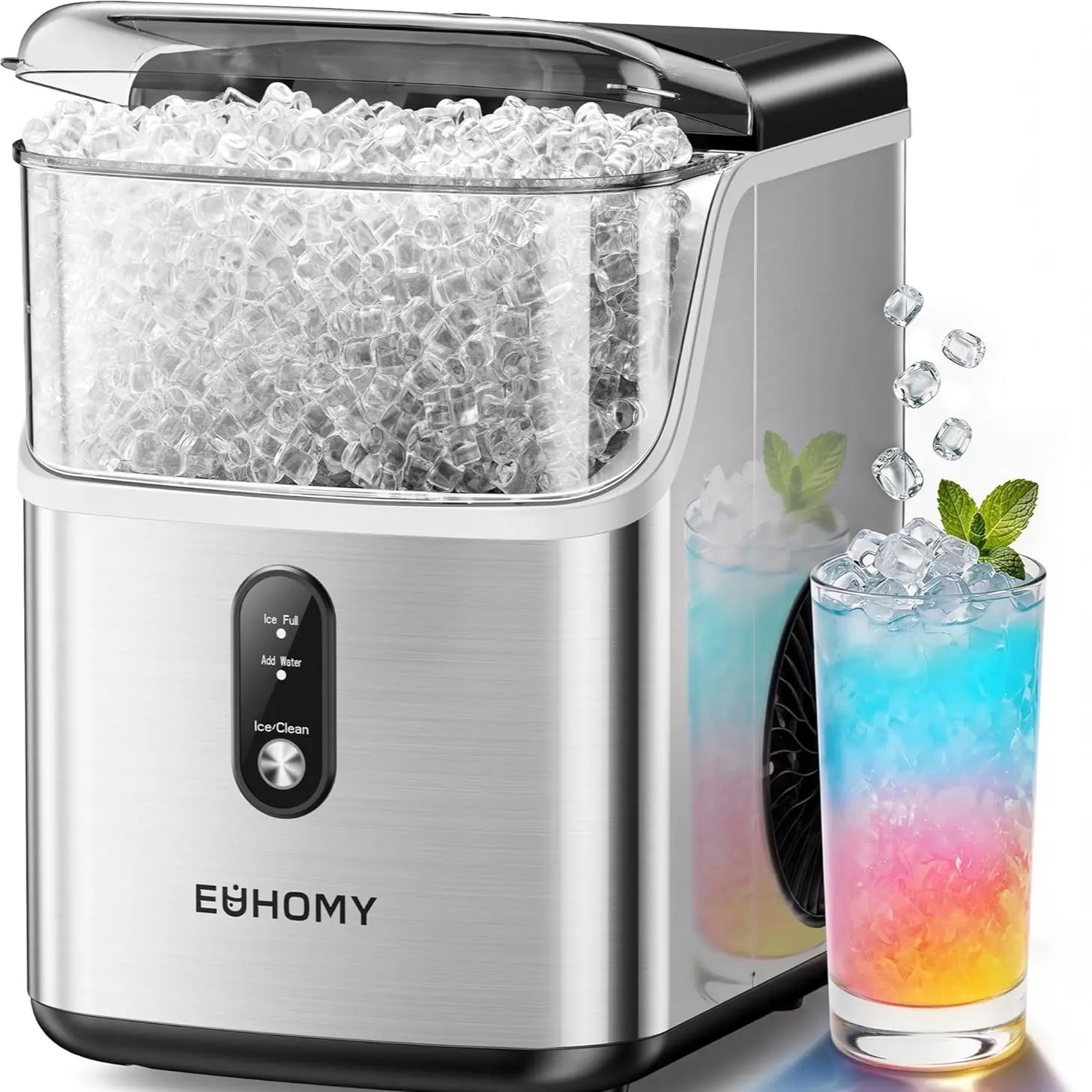 Máquina de hielo en pepitas (nugget) de sobremesa EUHOMY; produce hielo suave (capacidad de 35 lb o 33 lb/24 h); función de autolimpieza; incluye pala y cesta para hielo; ideal para el hogar, la cocina o la oficina.
