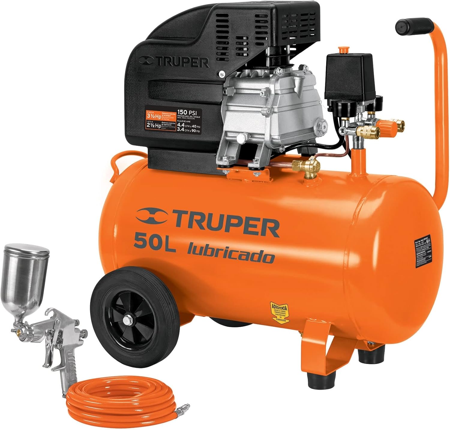 Truper COMP-KIT50, Kit compresor 50 L, 3-1/2 HP, manguera de PVC y pistola.