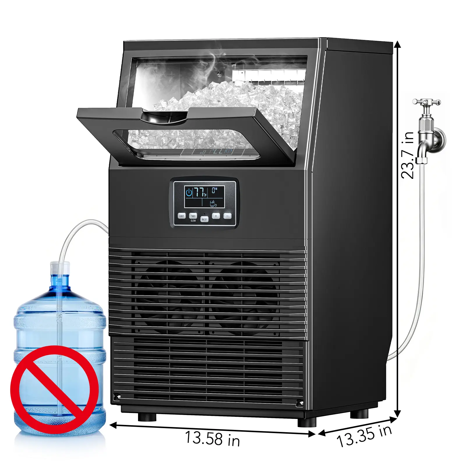 Máquina de hielo comercial COWSAR V2.0, capacidad de 100 libras, dos métodos de suministro de agua, autolimpieza, temporizador de 24 horas, cesta de 33 libras; fabricada en acero inoxidable, ideal para escuelas, hogares, bares y vehículos recreativos (RV)