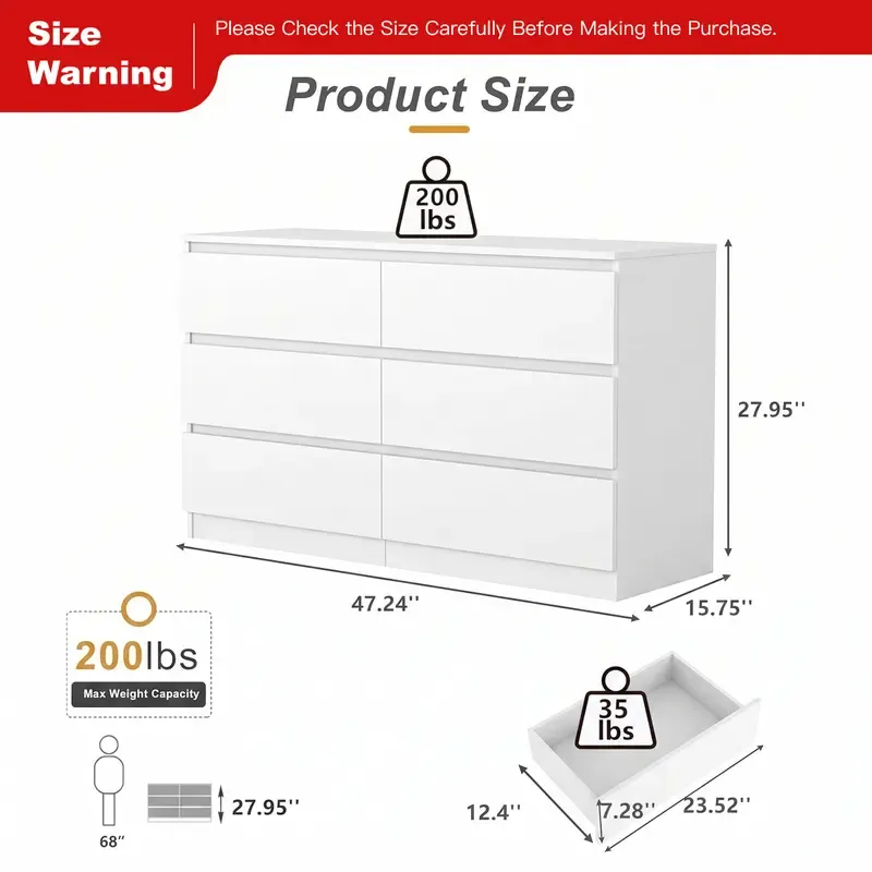 Cómoda moderna Spaco de 6 cajones para dormitorio (blanca): mueble ancho de madera con cajones profundos de deslizamiento suave; mueble de almacenamiento grande para interiores, ideal para apartamentos y decoración del hogar.