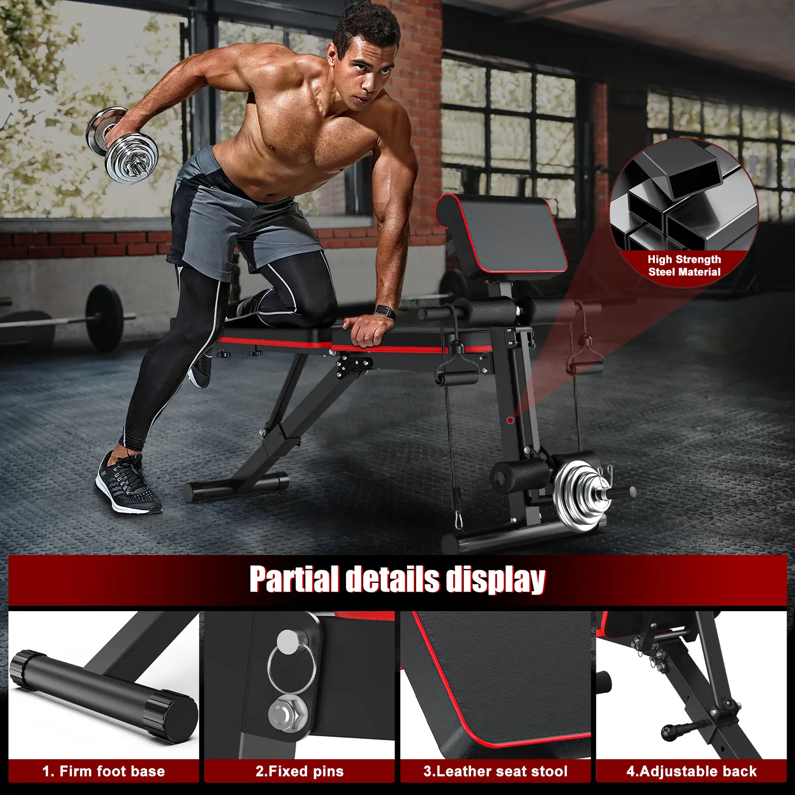 Bearbro Banco de pesas ajustable de 770 lb — Banco de entrenamiento plegable para press, ideal para el entrenamiento de fuerza de cuerpo completo; banco inclinable y declinable con sistema de plegado rápido.