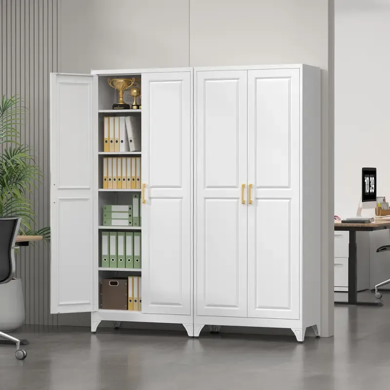 Armario cerrado con estructura metálica de 75 pulgadas: mueble rectangular para almacenamiento de alimentos con 5 estantes ajustables y extraíbles, 2 tiradores dorados y múltiples compartimentos; requiere montaje; mueble despensa moderno para coci