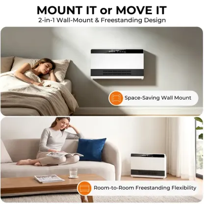 Calefactor de pared 2 en 1 R.W.FLAME de 1300 W, con potencia calorífica ajustable, control termostático y conexión a la red eléctrica.