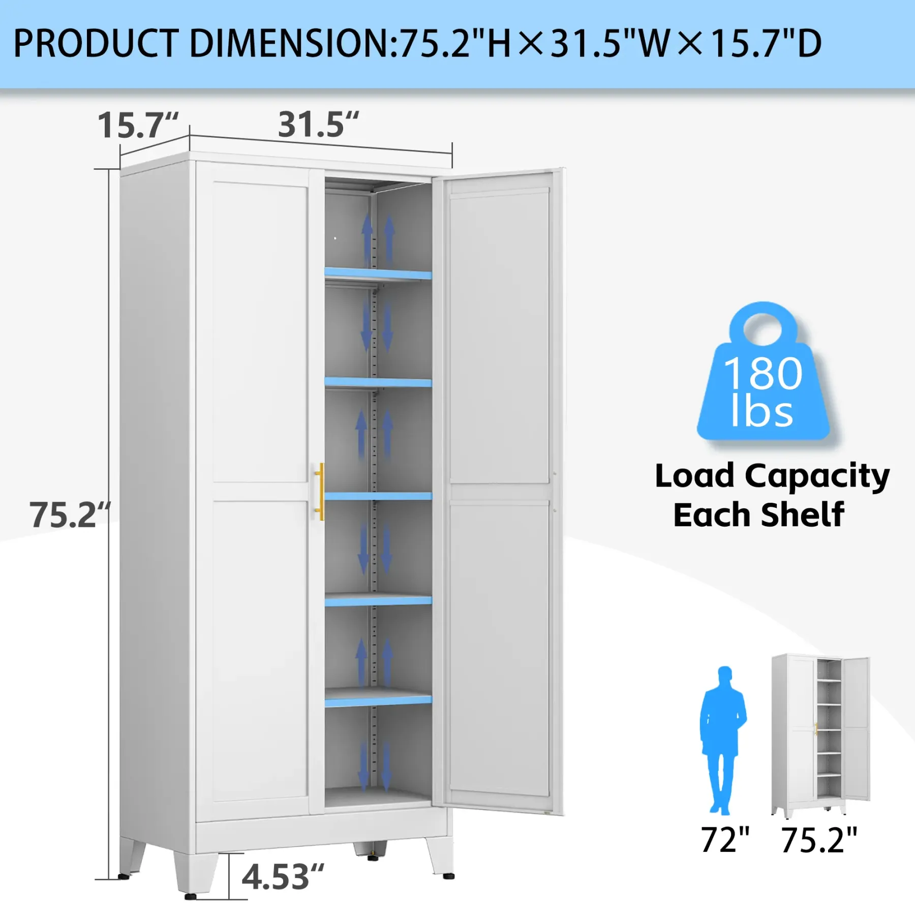Armario despensero de metal con 2 puertas y estantes ajustables. Disponible en cuatro tamaños: 47", 61", 71" y 75". Armario de almacenamiento para cocina con tiradores dorados: solución versátil para cocina, baño, comedor o cuarto de servicio.