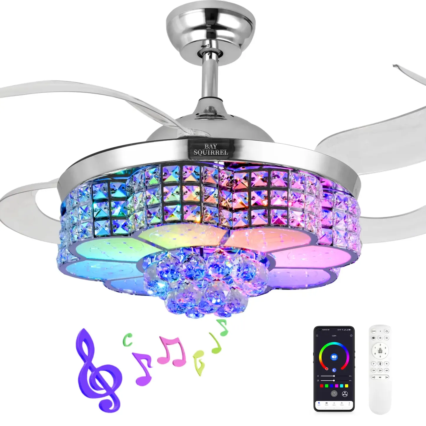 Ventilador de techo retráctil BAYSQUIRREL con altavoz y luces RGB