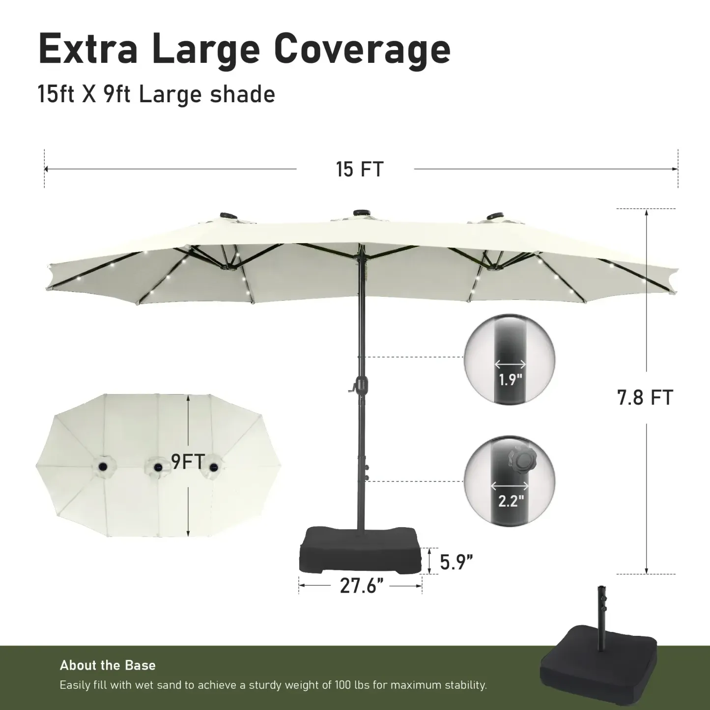 SOMBRILLA grande para patio exterior de 15 pies con base – Opción de luz LED, doble cara, manivela, impermeable