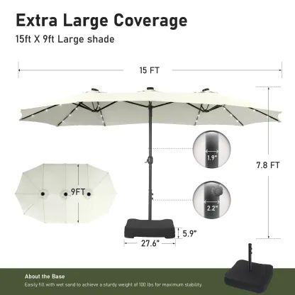 SOMBRILLA grande para patio exterior de 15 pies con base – Opción de luz LED, doble cara, manivela, impermeable