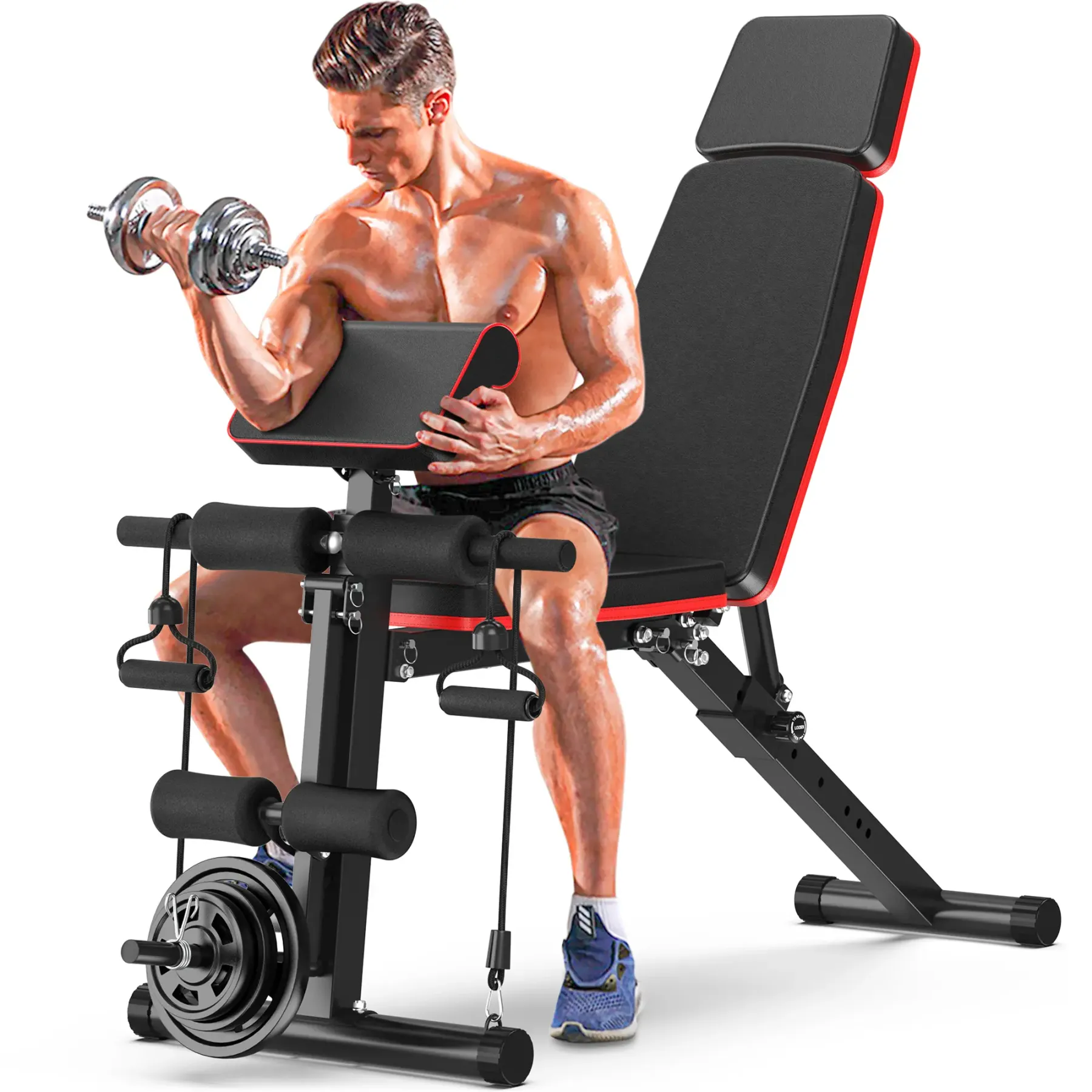 Bearbro Banco de pesas ajustable de 770 lb — Banco de entrenamiento plegable para press, ideal para el entrenamiento de fuerza de cuerpo completo; banco inclinable y declinable con sistema de plegado rápido.