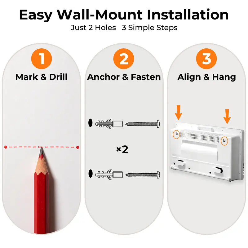 Calefactor de pared 2 en 1 R.W.FLAME de 1300 W, con potencia calorífica ajustable, control termostático y conexión a la red eléctrica.