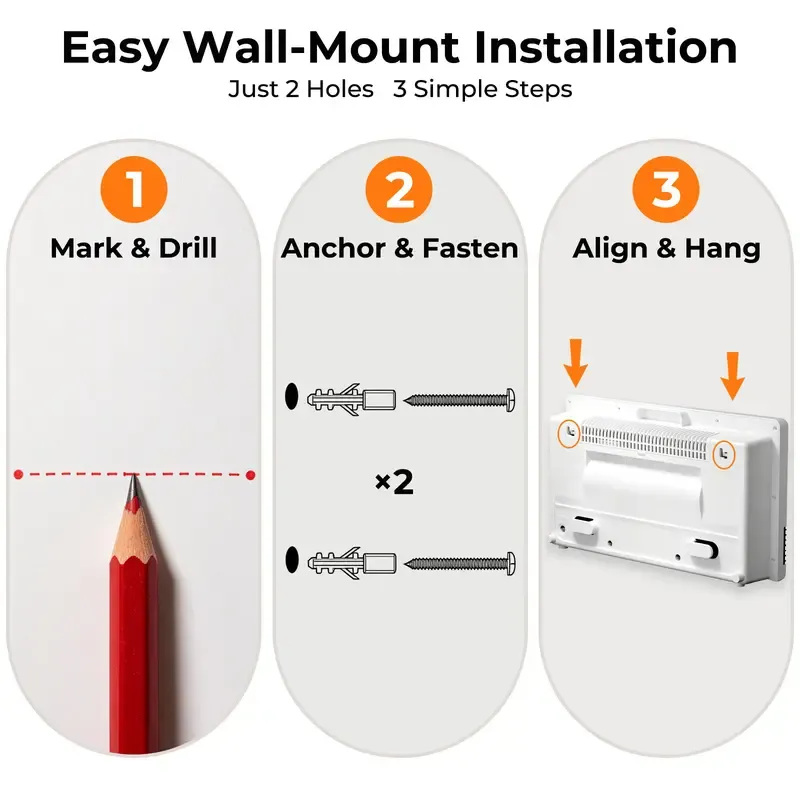 Calefactor de pared 2 en 1 R.W.FLAME de 1300 W, con potencia calorífica ajustable, control termostático y conexión a la red eléctrica.