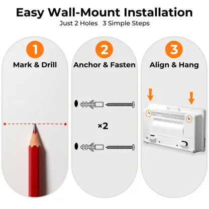 Calefactor de pared 2 en 1 R.W.FLAME de 1300 W, con potencia calorífica ajustable, control termostático y conexión a la red eléctrica.