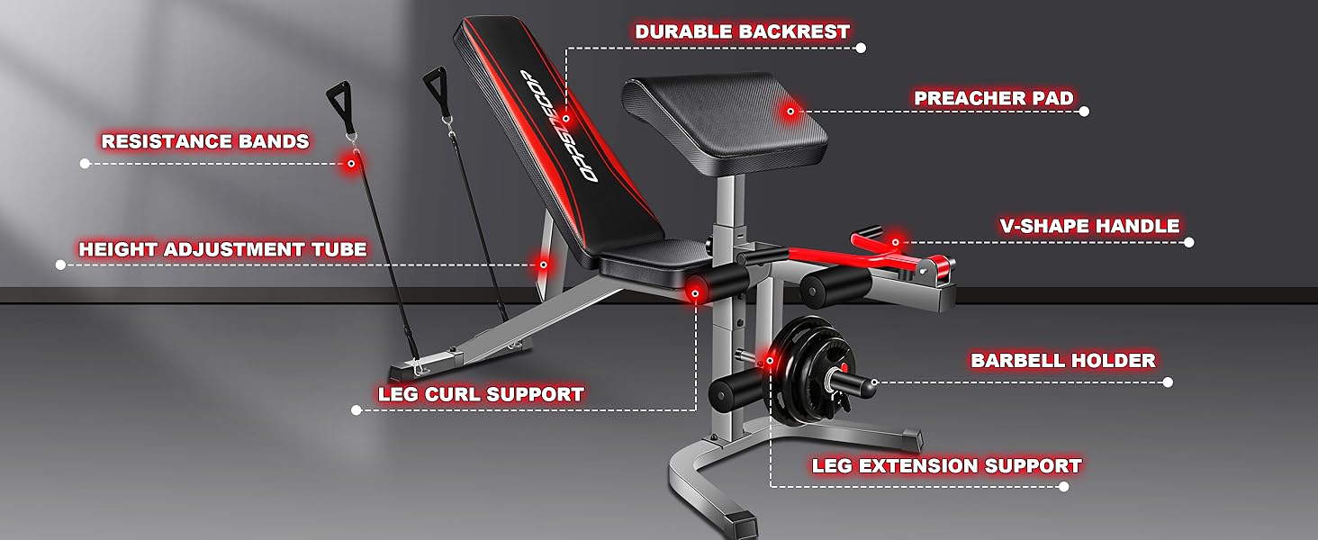 OppsDecor Olympic 900LBS Capacity Adjustable Weight Bench Press with Leg Extension & Preacher Curl Pad&ndash;Home Workout Exercise Equipment for At-Home Gyms, At Home Gym Equipment,SummerWins