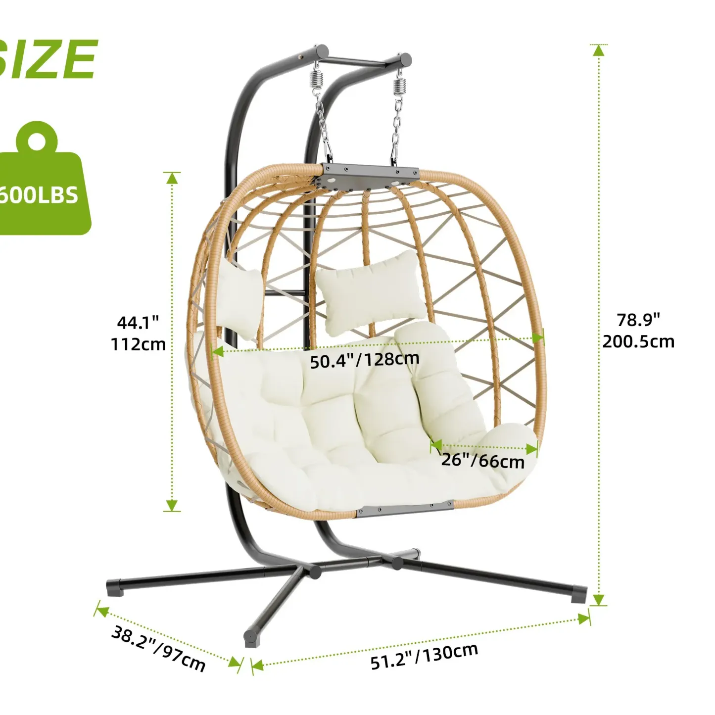 [dealsforyoudays] Silla Colgante Doble tipo Huevo con Soporte para Patio — Silla Columpio Colgante (Interior/Exterior) con Cojines, de Mimbre y Ratán — Capacidad de 700 lbs — Resistente al Agua y al Sol — Ideal para Balcones, Jardines y Porches — Regalo d