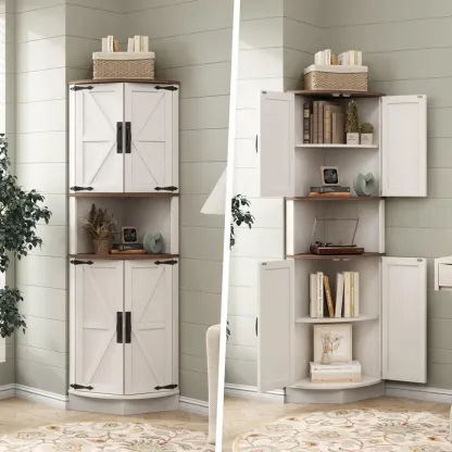 Armario esquinero de madera estilo granja (64,8" de altura): 4 puertas, 5 estantes de almacenamiento, puerta tipo granero, diseño en ángulo recto de 90°, anclaje de pared antivuelco, 22" (ancho) x 15,6" (profundidad) x 64,8" (altura); mueble que ahorra es