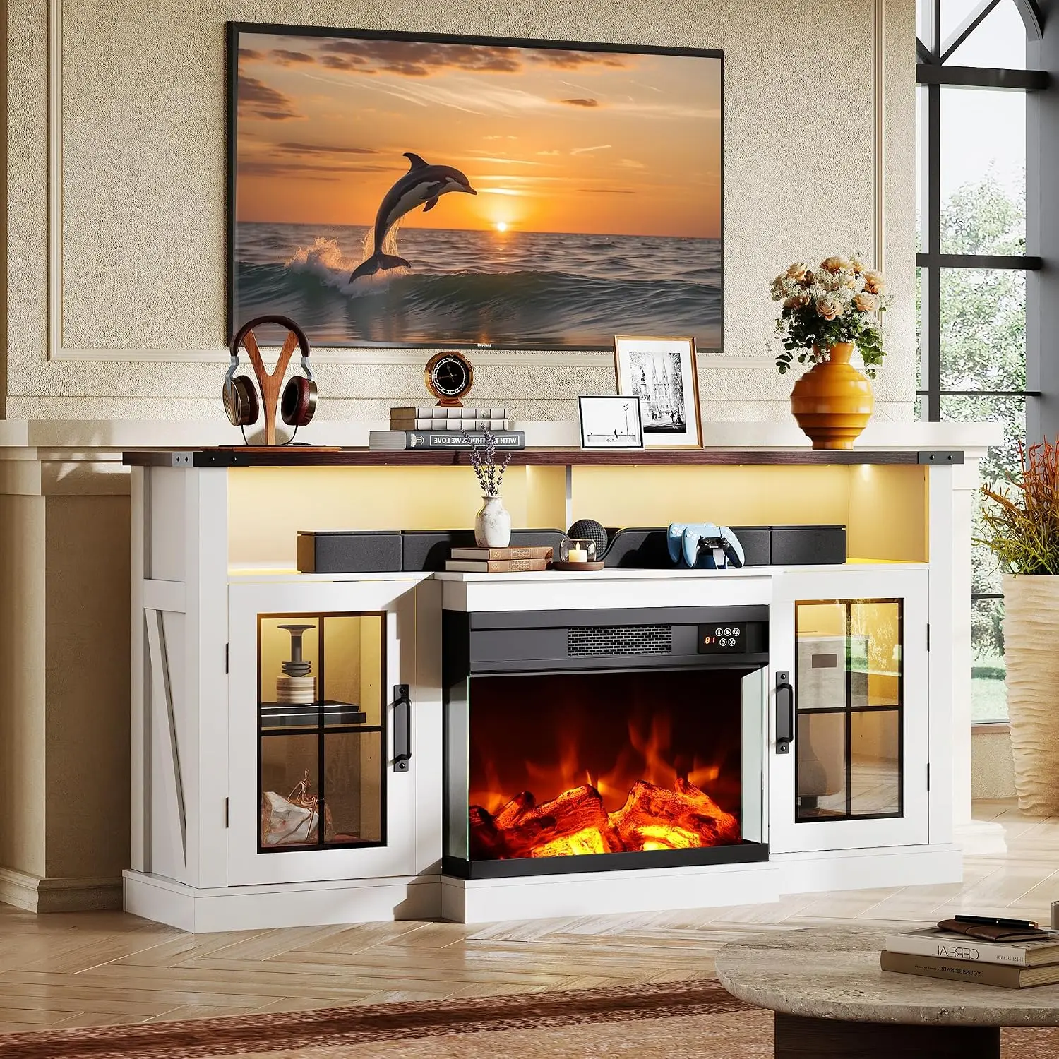 Mueble para TV WLIVE con chimenea eléctrica y vidrio en 3 lados para televisores de 65 pulgadas; centro de entretenimiento con 14 colores de llama y gabinetes de almacenamiento con iluminación LED ajustable; consola multimedia estilo rústico para sala de
