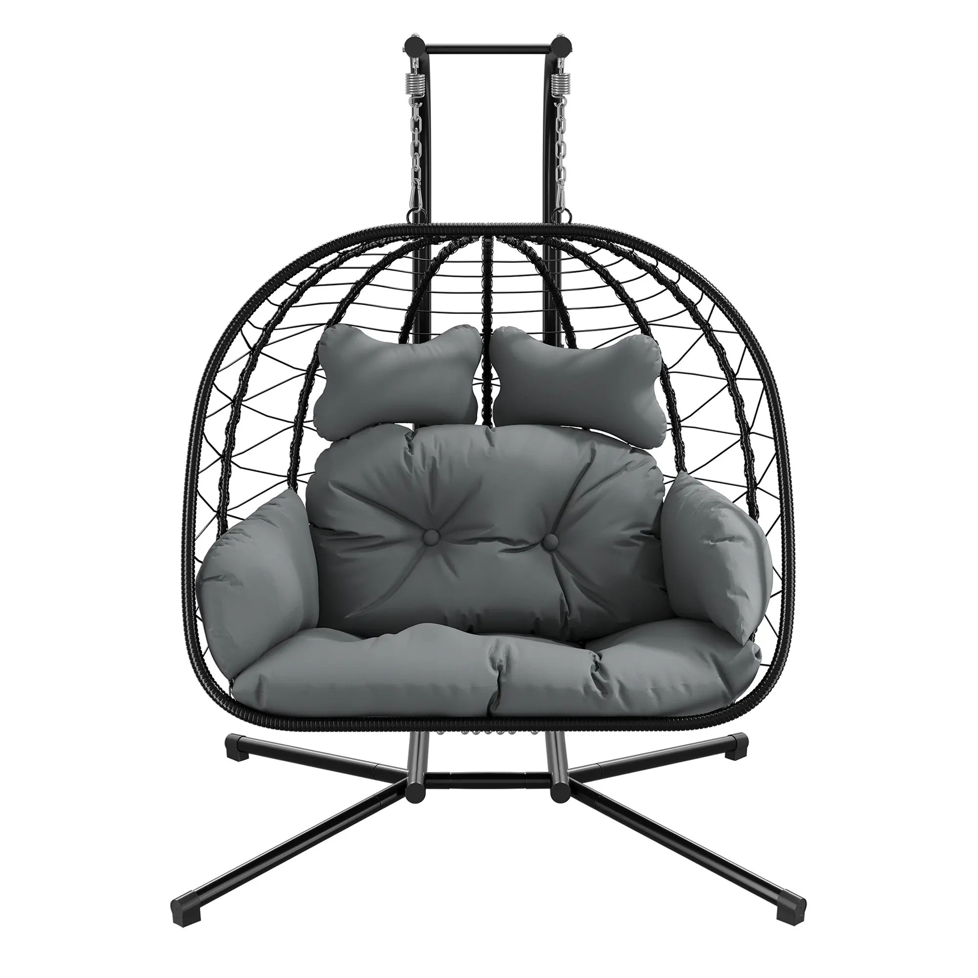 [dealsforyoudays] Silla Colgante Doble tipo Huevo con Soporte para Patio — Silla Columpio Colgante (Interior/Exterior) con Cojines, de Mimbre y Ratán — Capacidad de 700 lbs — Resistente al Agua y al Sol — Ideal para Balcones, Jardines y Porches — Regalo d