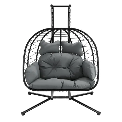 [dealsforyoudays] Silla Colgante Doble tipo Huevo con Soporte para Patio — Silla Columpio Colgante (Interior/Exterior) con Cojines, de Mimbre y Ratán — Capacidad de 700 lbs — Resistente al Agua y al Sol — Ideal para Balcones, Jardines y Porches — Regalo d