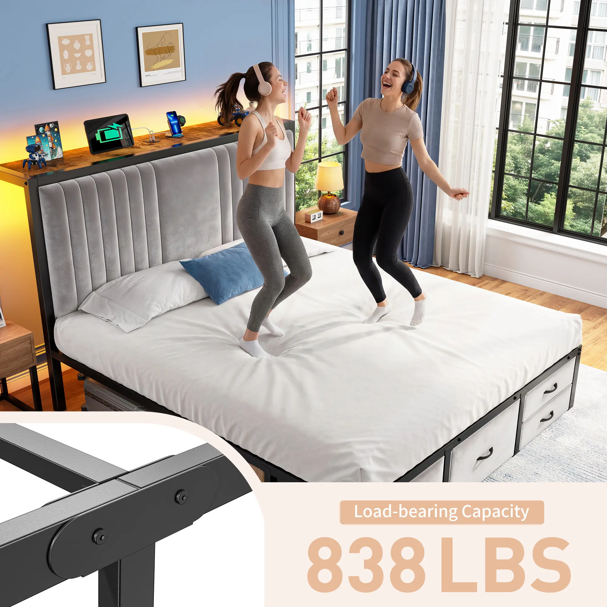 Estructura de cama moderna de metal tapizado (apta para camas King/Queen/Full) con 5 cajones de almacenamiento de tela; el cabecero integra una estación de carga y estantes con tira de luz LED; altura libre de 34 cm debajo de la cama, ideal para apartamen