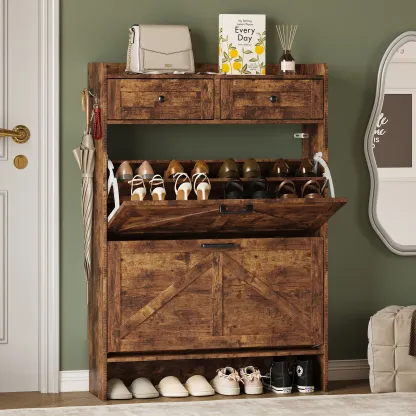 Mueble zapatero para entrada, zapatero estrecho estilo rústico con 2 cajones abatibles y cajones superiores, estantes ajustables y ganchos; organizador independiente con almacenamiento oculto para pasillo o recibidor. Ideas de regalo para el Día del Padre