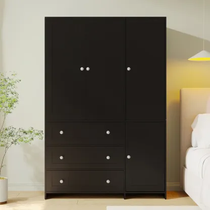 Armario de madera VOWNER, mueble de almacenamiento con 3 puertas y barra para colgar ropa, ideal para dormitorios. Armario alto independiente de gran capacidad con estantes.