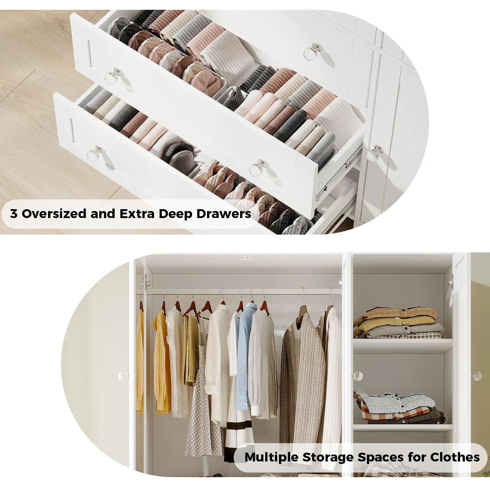 Armario de madera VOWNER, mueble de almacenamiento con 3 puertas y barra para colgar ropa, ideal para dormitorios. Armario alto independiente de gran capacidad con estantes.