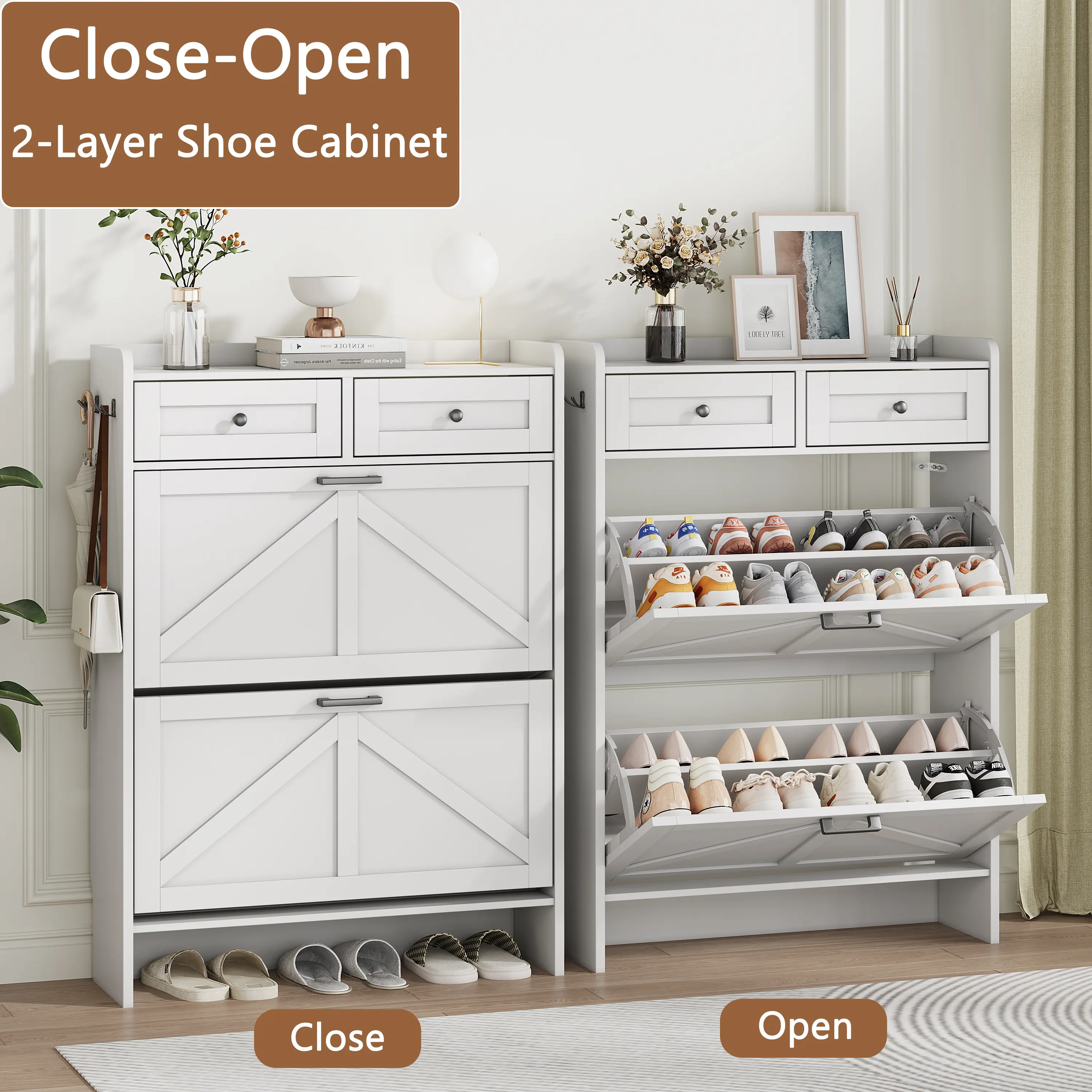 Mueble zapatero para entrada, zapatero estrecho estilo rústico con 2 cajones abatibles y cajones superiores, estantes ajustables y ganchos; organizador independiente con almacenamiento oculto para pasillo o recibidor. Ideas de regalo para el Día del Padre