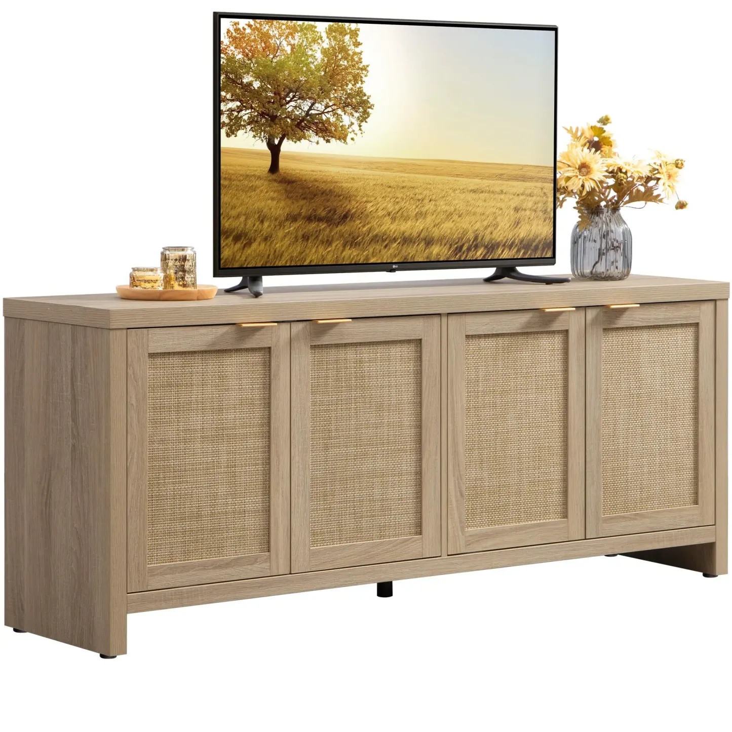 Mueble de TV SICOTAS para sala de estar o dormitorio; centro de entretenimiento de estilo boho con 4 armarios de ratán y diseño rústico; consola multimedia de madera con amplio espacio de almacenamiento para televisores de hasta 45, 50, 55, 60 y 65 pulgad