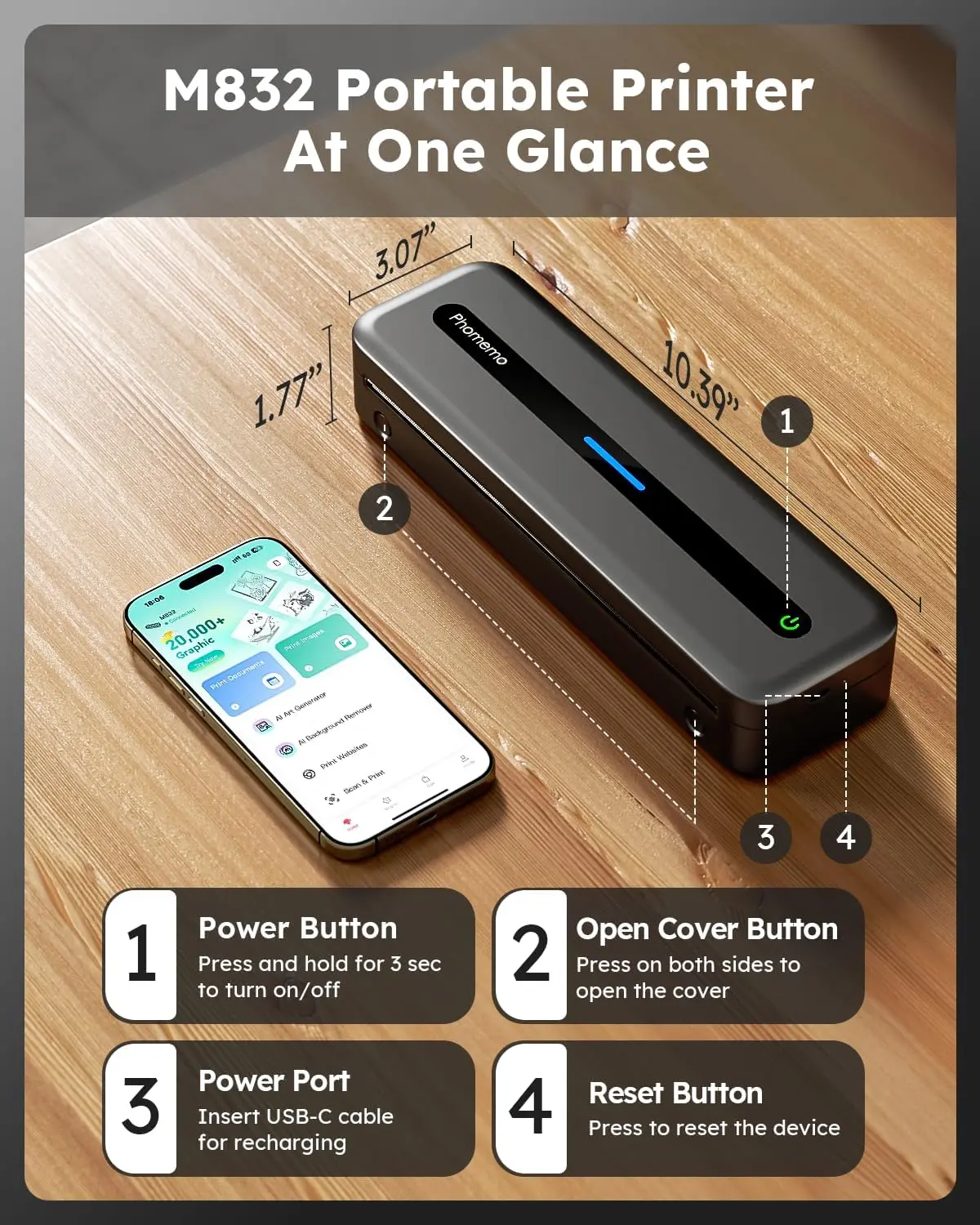 Impresora portátil Bluetooth Phomemo M08F sin tinta