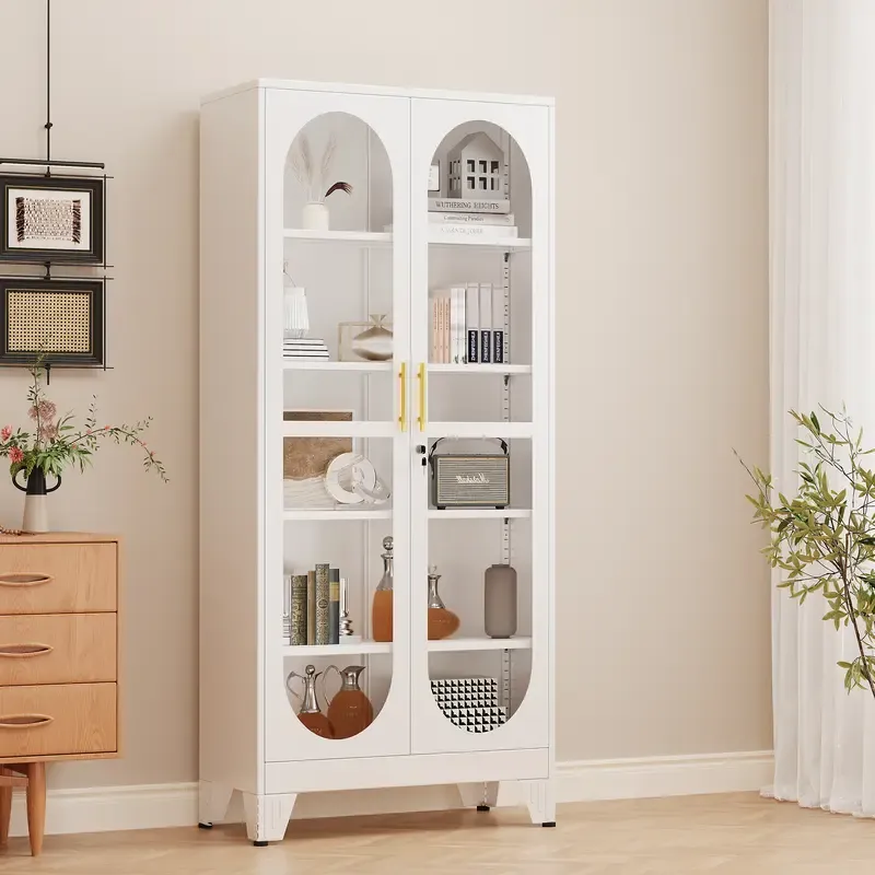 Vitrina metálica resistente de 180 cm de altura con puerta de cristal con cerradura, mueble de cinco niveles con cuatro estantes ajustables, ideal para bar en casa y almacenamiento de utensilios para vajilla, objetos de colección y archivos.